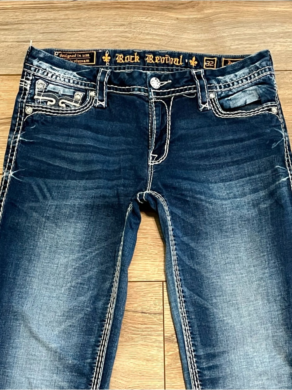 Rock Revival Janelle Skinny Jeans SZ 32 Blue Denim Thick Stitch Rhinestone - Picture 2 of 16